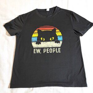 Ew People Retro Cat T-Shirt Funny Anti Social Introvert Black Graphic Tee Large